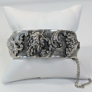 Repousse Grape Vines Hinged Bracelet - Vintage Statement Jewelry